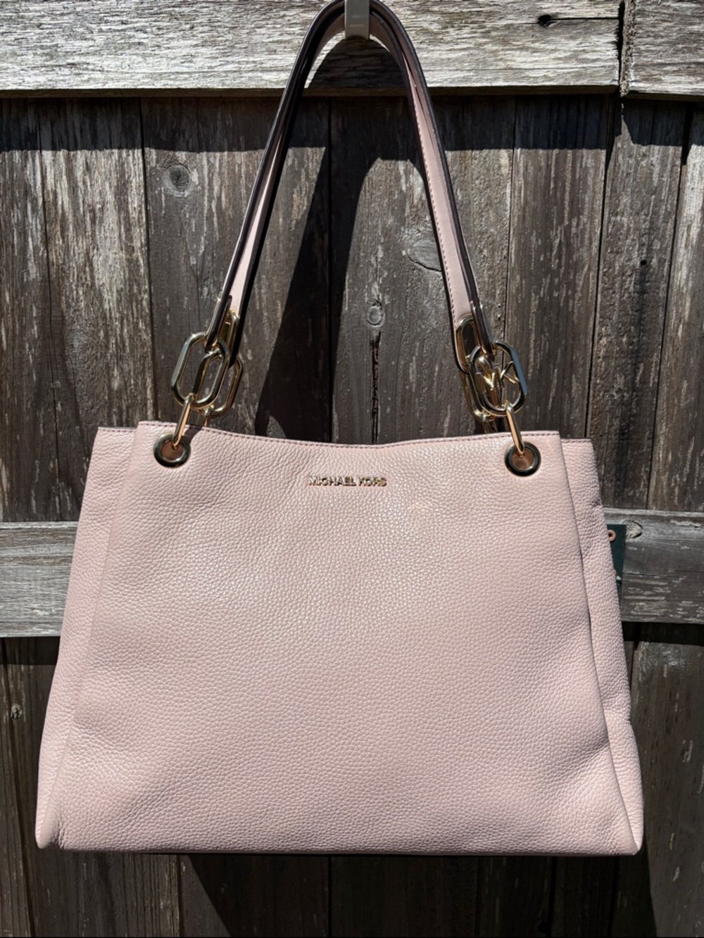 Michael Kors Trisha Pebbled Leather Shoulder Tote Light Pink with Gold Hardware